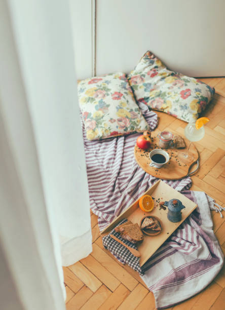 istock Breakfast on the floor. Hipster vintage concept. 1133694606