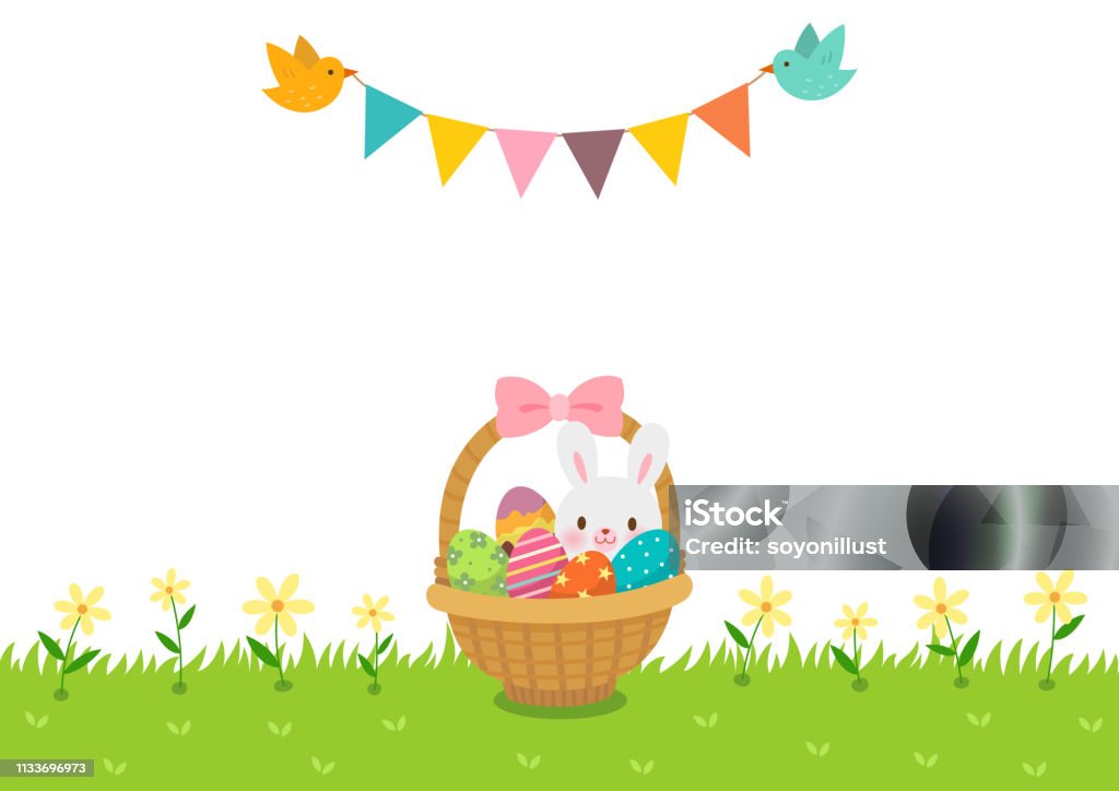 Easter basket on the grass and bunting flag with birds.Happy Easter background Easter,eggs,rabbit,bunny,grass,bunting flag,bird,holiday,event,nature,flower,season,background,illustration,greeting card Easter Egg stock vector