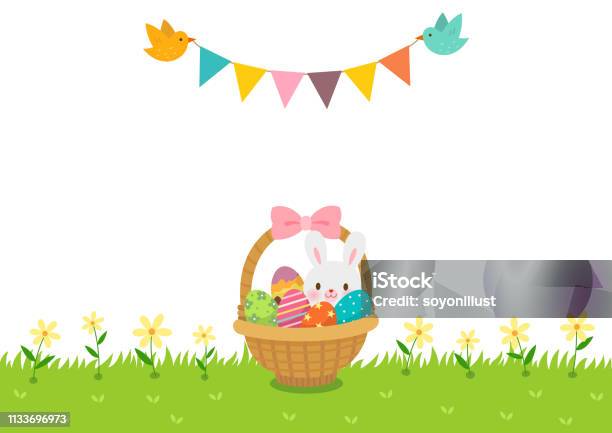 Easter Basket On The Grass And Bunting Flag With Birdshappy Easter Background Stock Illustration - Download Image Now