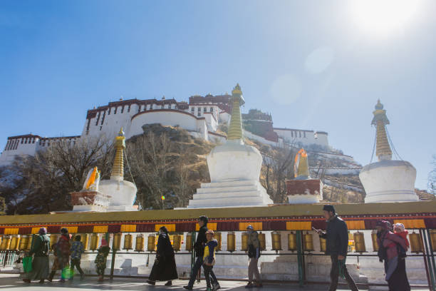 Lhasa, Tibet, China  - January 16, 2019:Tibetans praying under the Potala Palace
