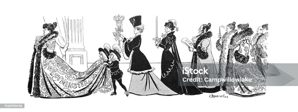 British satire comic cartoon illustrations - Women in authority in a long procession behind Westminster - illustration From Punch's Almanack 1899. 1880-1889 stock illustration