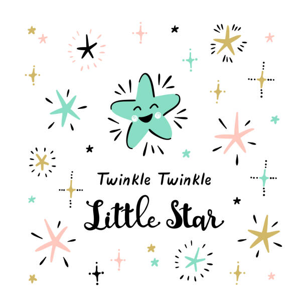 illustrazioni stock, clip art, cartoni animati e icone di tendenza di t-shirt print design per bambini con stelle carine e frase "twinkle twinkle little star". poster scandinavo con stelle spaziali per il design del vivaio. baby shower, vacanza o sfondo compleanno. - 7650