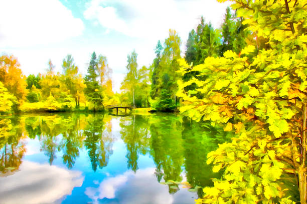 Abstract watercolor, landscape park with a lake and forest, the reflection of the sky and trees in the water. Digital painting - illustration. Watercolor drawing.