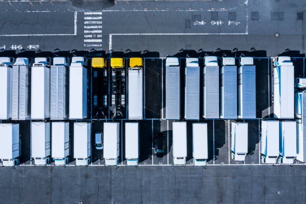 istock Parking lot with large trucks and buses 1133710353