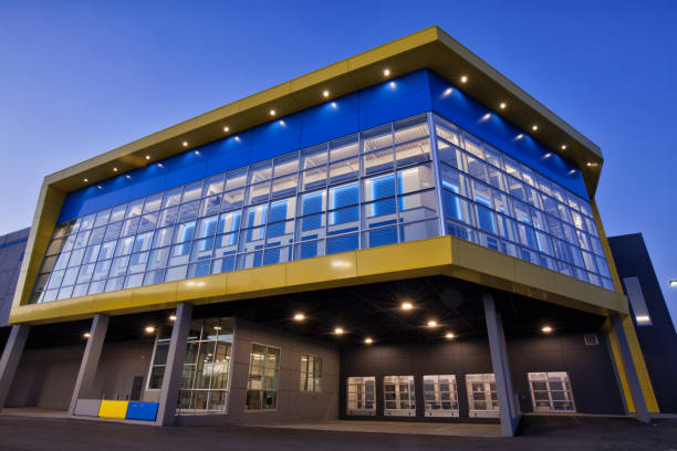 A colorful self-storage building in blue hour, Vancouver, Canada stock photo