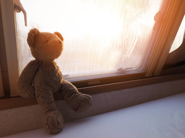 Close up brown teddy bear sitting on wood beside window with water drops at bedroom in the morning.