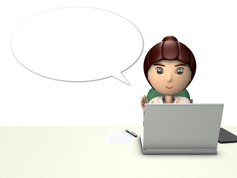 Business woman character in front of laptop computer. She explains something.  3D illustration. White background.