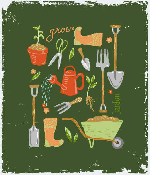 ilustraciones, imágenes clip art, dibujos animados e iconos de stock de conjunto de herramientas de jardinería lindo dibujado a mano y equipo con letras de mano - herramientas jardineria