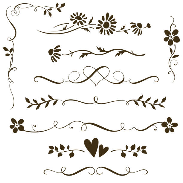 ilustrações de stock, clip art, desenhos animados e ícones de set of calligraphic floral elements with hearts for wedding invitation design. vector decorative ornament with flower silhouette. - arabesco