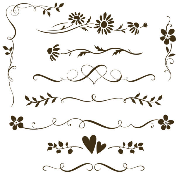 Set of calligraphic floral elements with hearts for wedding invitation design. Vector decorative ornament with flower silhouette. vector art illustration