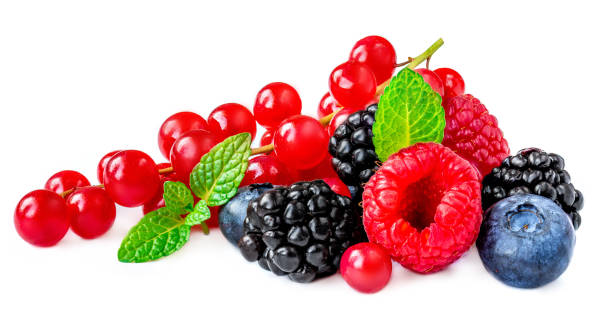 berries mix isolated on white background. raspberry, red currant, blueberry, blackberry with mint leaves , wide photo - blackberry currant strawberry antioxidant imagens e fotografias de stock