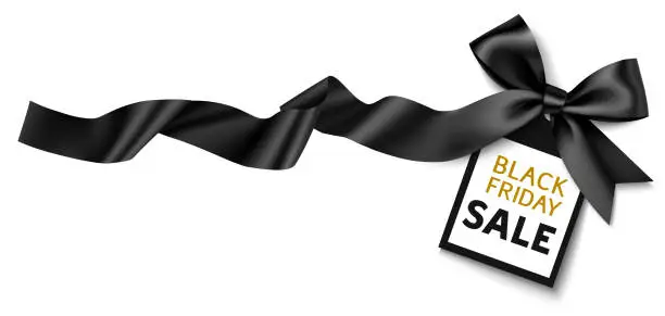 Vector illustration of Discount tag with decorative long black ribbon and bow isolated on white background. Black Friday Sale design.