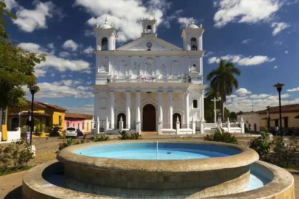 Front View of Iglesia Santa Lucia, a Colonial White Cathedral on Central Plaza in Latin American Town Suchitoto, El Salvador