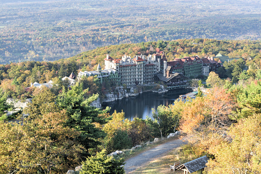 View from the Skytop on the Mohonk Mountain House Resort (built in 1879) and Mohonk Lake, Shawangunk Mountains, New York State, U.S.A.
