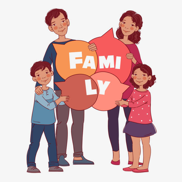 Happy family with colorful dialog speech bubbles. Mother, father and and two children having fun Happy family with colorful dialog speech bubbles. Mother, father and and two children having fun hispanic family stock illustrations
