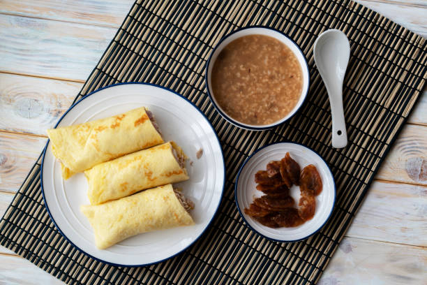 homemade breakfast: omelette, porridge and sausage