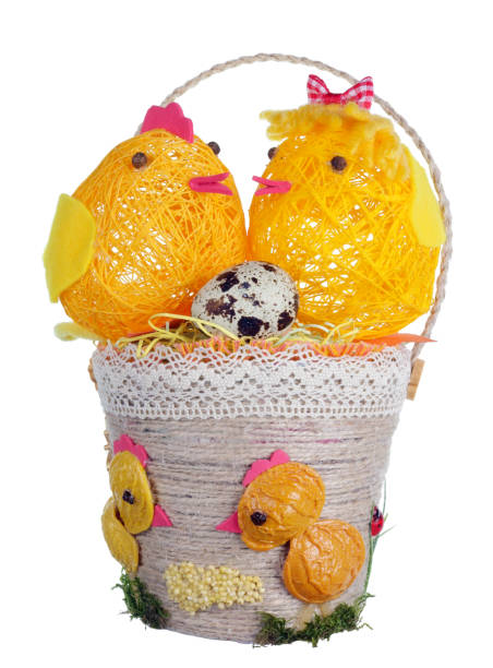 Easter handmade  basket  from rope and pasta  with funny chickens and guail egg. Isolated