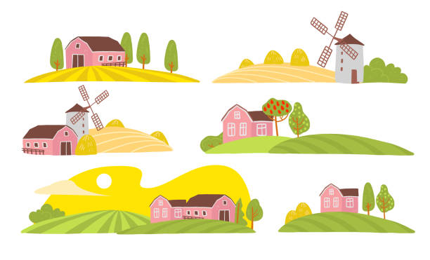 아늑한 농장 풍경 보기의 벡터 컬렉션: 집, 정원, 나무, 필드, 건초 더미, 흰색 배경에 고립 된 풍차. - seedbed stock illustrations