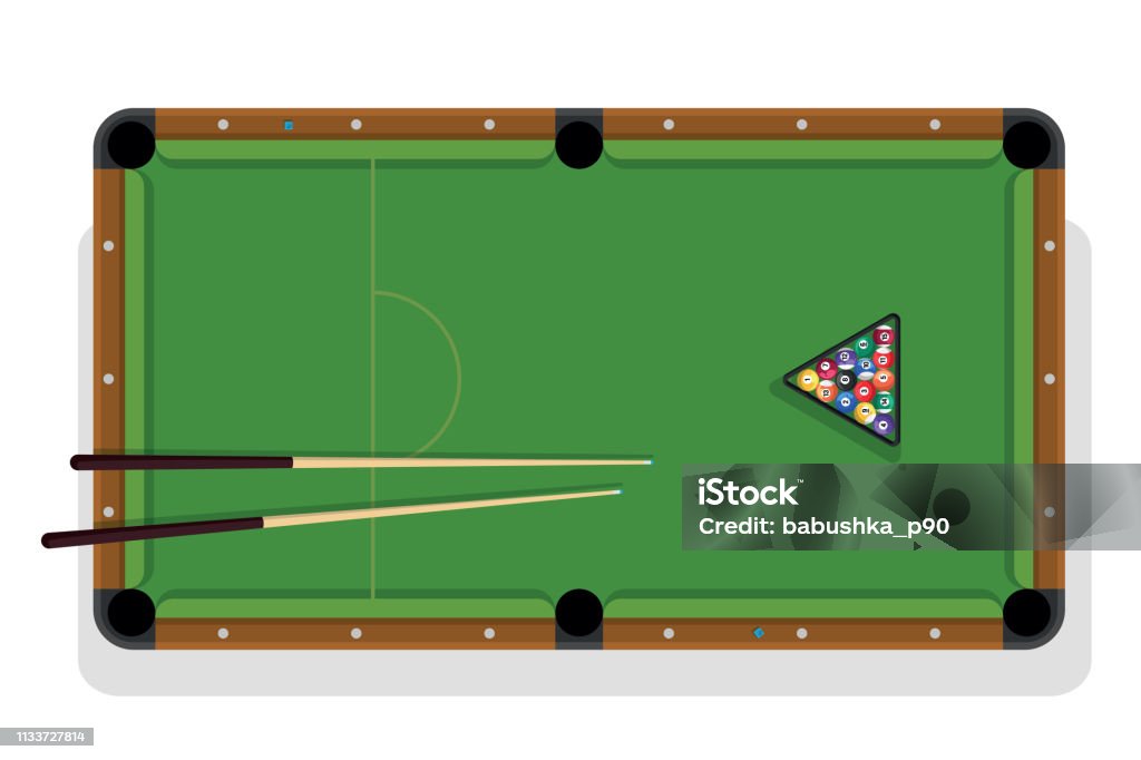 Billiard table, pool stick and billiard balls for game. Pool table with triangle, balls and cua top view Pool Table stock vector