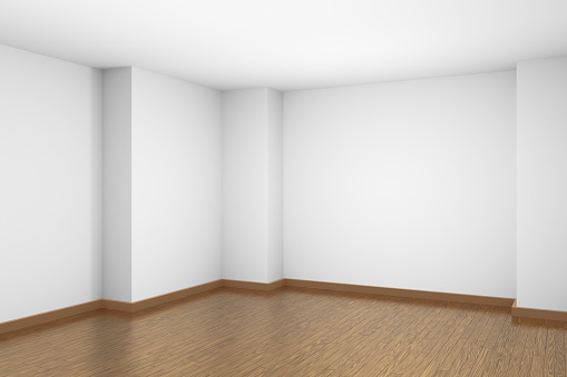 Empty room with white ceiling and walls, brown wood parquet floor and soft light, simple minimalist interior architecture background with copy-space, 3d illustration.