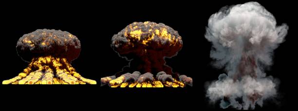 istock 3D illustration of explosion - 3 large different phases fire mushroom cloud explosion of super bomb with smoke and flame isolated on black background 1133732612