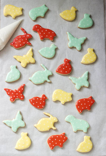istock Gingerbread or shortbread cookies of various shapes, covered with colored icing. Spring or summer composition. 1133734426