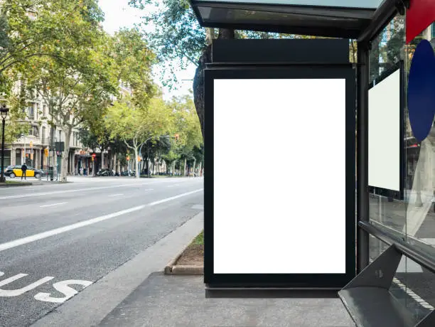 Photo of Mock up Banner template at Bus Shelter Media outdoor city street