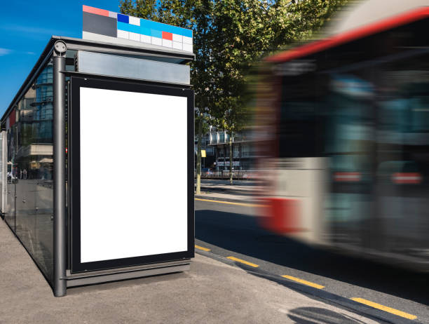 Mock up Banner template at Bus Shelter Media outdoor street Sign Bus moving background Mock up Billboard Banner template at Bus Shelter Media outdoor street Sign display Bus moving background bus shelter stock pictures, royalty-free photos & images