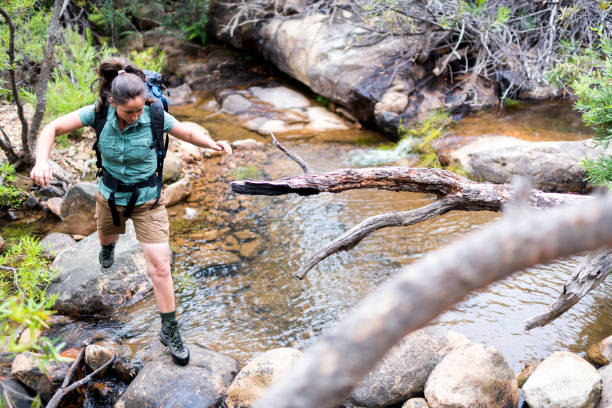 istock Female hiker jumping from rock to rock over a river stream 1133735455