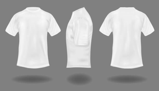 istock Set of white t-shirts on gray background.  Front, back and side views. 1133736952
