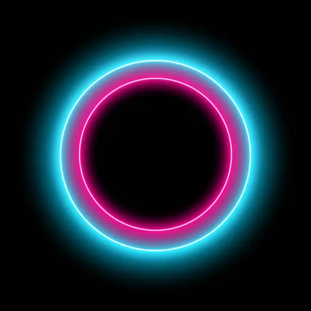 Vector illustration of Neon circle with light effect on black background. Modern round frame with empty space for text for advertising, banner, card. Vector illustration.