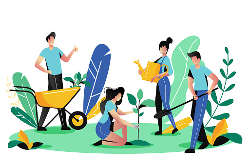 Volunteering, charity social concept. Volunteer people plant trees in city park, vector flat illustration. Ecological lifestyle.