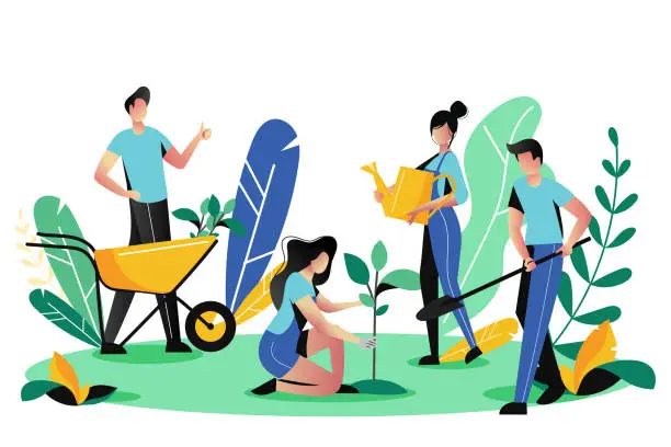 Vector illustration of Volunteering, charity social concept. Volunteer people plant trees in park, vector illustration. Ecological lifestyle