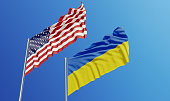 American and Ukrainian Flags Waving With Wind