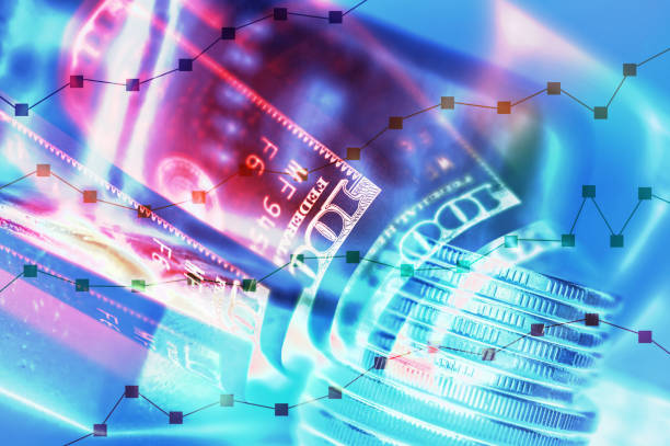 istock Stock market display or forex trading graph and candlestick chart on rows coins, banknote and gold. 1133738367