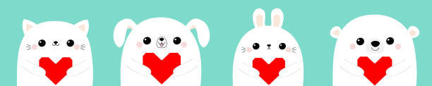 с днем святого валентина. белый кот котенок медведь собака щенка кролика заяц голову лицо набор проведения красный оригами бумаги сердце. с - rabbit pets baby rabbit white background stock illustrations