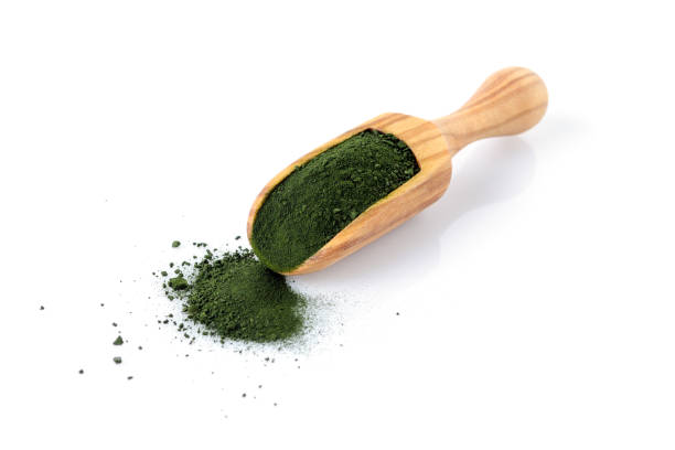 chlorella y espirulina en polvo en una cuchara de madera aislada en blanco - chlorella spirulina bacterium algae nutritional supplement fotografías e imágenes de stock