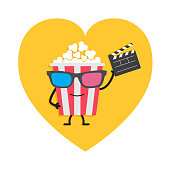 istock Popcorn box in 3D glasses. Character with face, legs and hand holding clapper board. Heart shape. I love movie cinema icon. Flat design style. Yellow background. Isolated. 1133739734