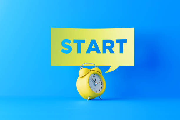istock Yellow Alarm Clock And Yellow Speech Bubble On Blue Background 1133740987