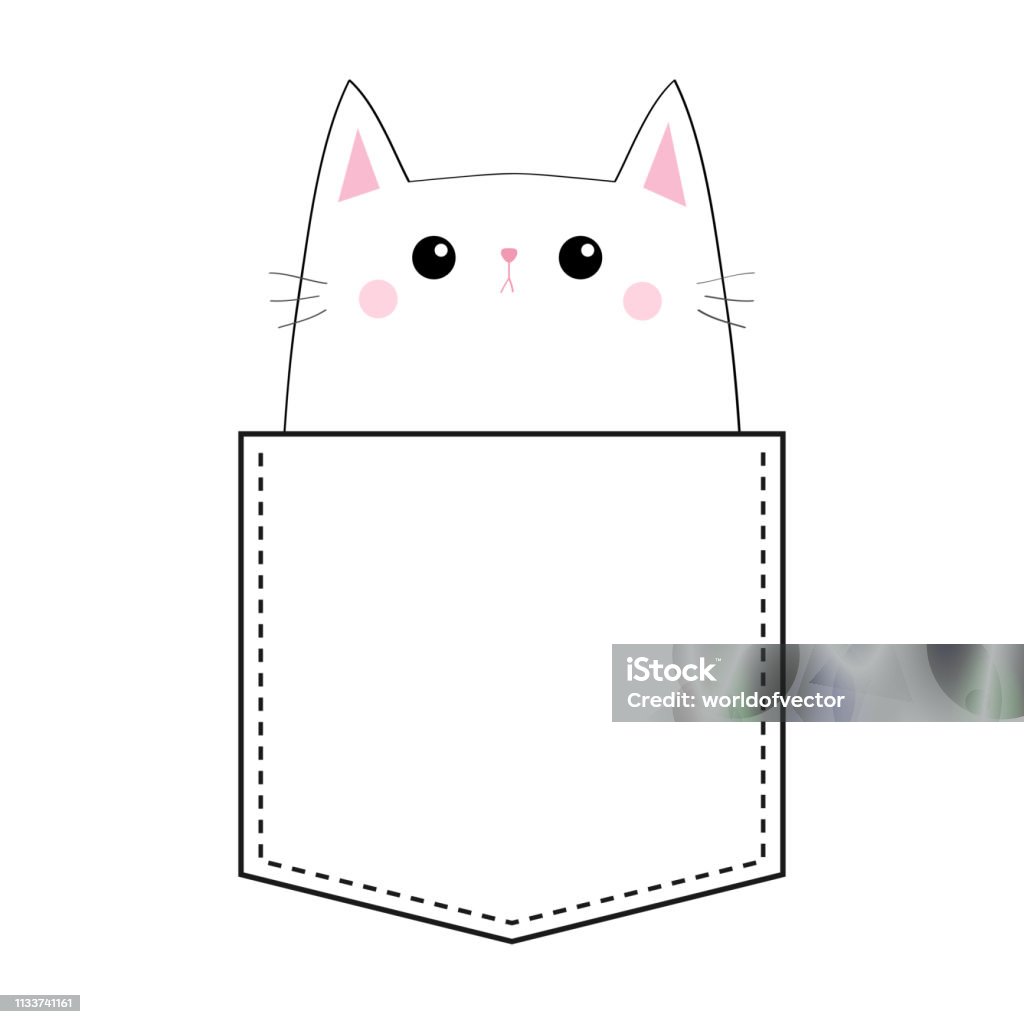 Sad Cat In The Pocket Doodle Linear Sketch Pink Cheeks Cute Cartoon Animals  Kitten Kitty Character Tshirt Design Dash Line Pet Animal White And Black  Color Baby Background Isolated Flat Stock Illustration -