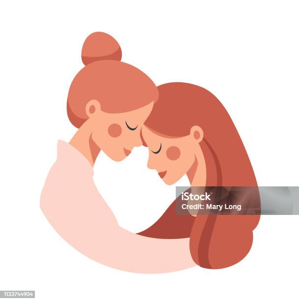 Beautiful Senior Mother Embracing Her Adult Cute Daughter With Love Stock Illustration - Download Image Now