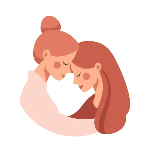 Vector illustration of Beautiful senior mother embracing her adult cute daughter with love.