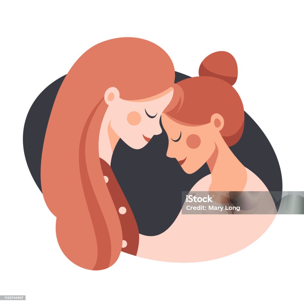 Side view of Two happy sisters hugging each other. Side view of Two happy sisters hugging each other. Cute young mother embracing her daughter with love. Vector illustration isolated from white Parent stock vector