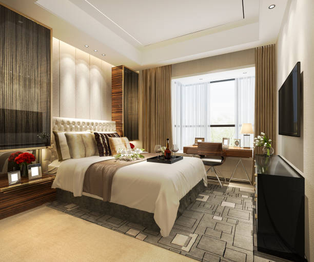 istock 3d rendering beautiful luxury bedroom suite in hotel with tv and working table 1133745709