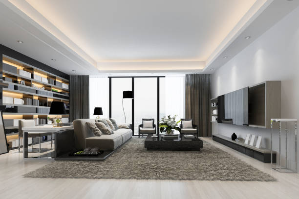 istock 3d rendering loft luxury living room and working room with bookshelf 1133745712