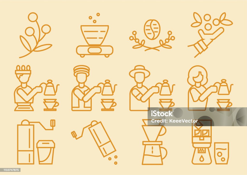 icona gocciolante di caffè con processo di produzione della birra - arte vettoriale royalty-free di Fattoria