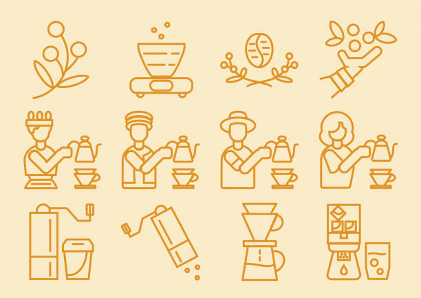 ilustrações de stock, clip art, desenhos animados e ícones de coffee dripper icon with brewing process - pouring coffee liquid coffee bean