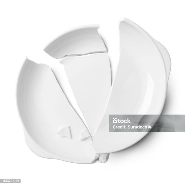 Broken White Ceramic Plate On A White Floor Stock Photo - Download Image Now - Broken, Crockery, Plate