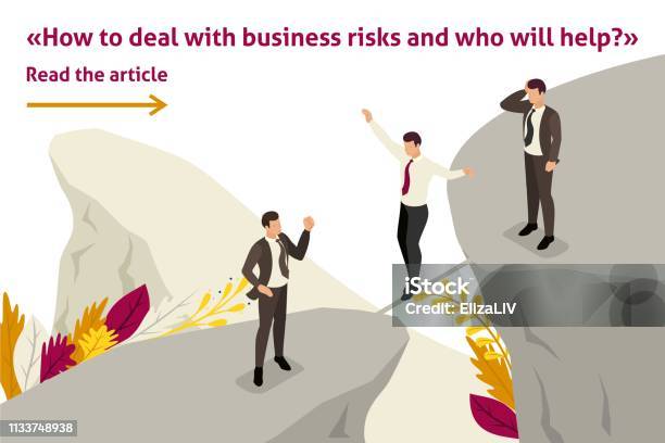 Isometric Template Banner Article Fear And Overcoming Risks In Business Stock Illustration - Download Image Now