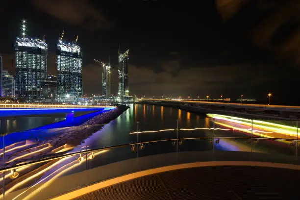 Dubai Skyline view at Bluewaters Island to Dubai Marina and Jumeira Beach Residence at night, Dubai, United Arab Emirates